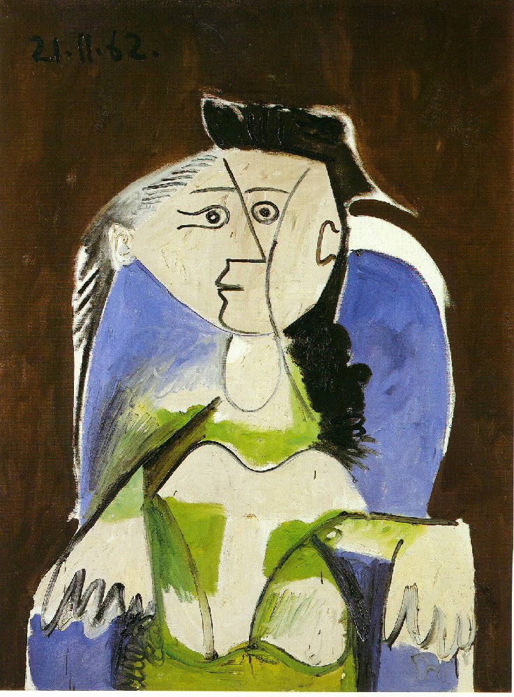 Picasso Woman sitting in blue armchair 1962